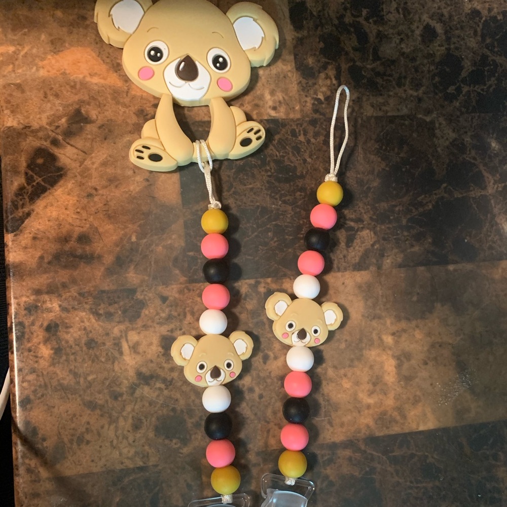 Koala pacifier clip & teether w/ matching clip